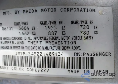 2002 Mazda Protege5 from USA, damaged, VIN JM1BJ245221489134